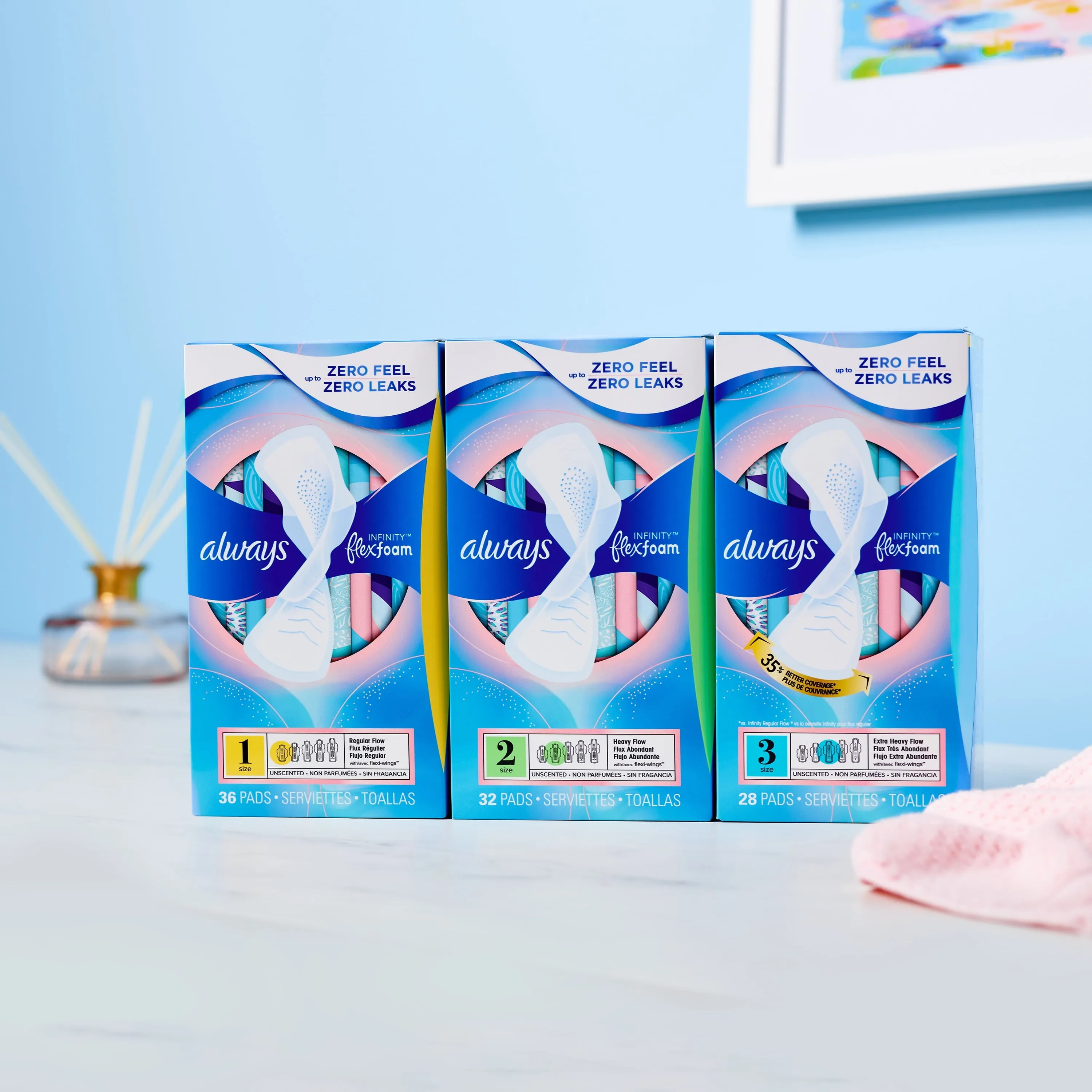 Always Infinity Feminine Pads with wings, Size 3, Extra Heavy Absorbency, unscented, 28 Ct