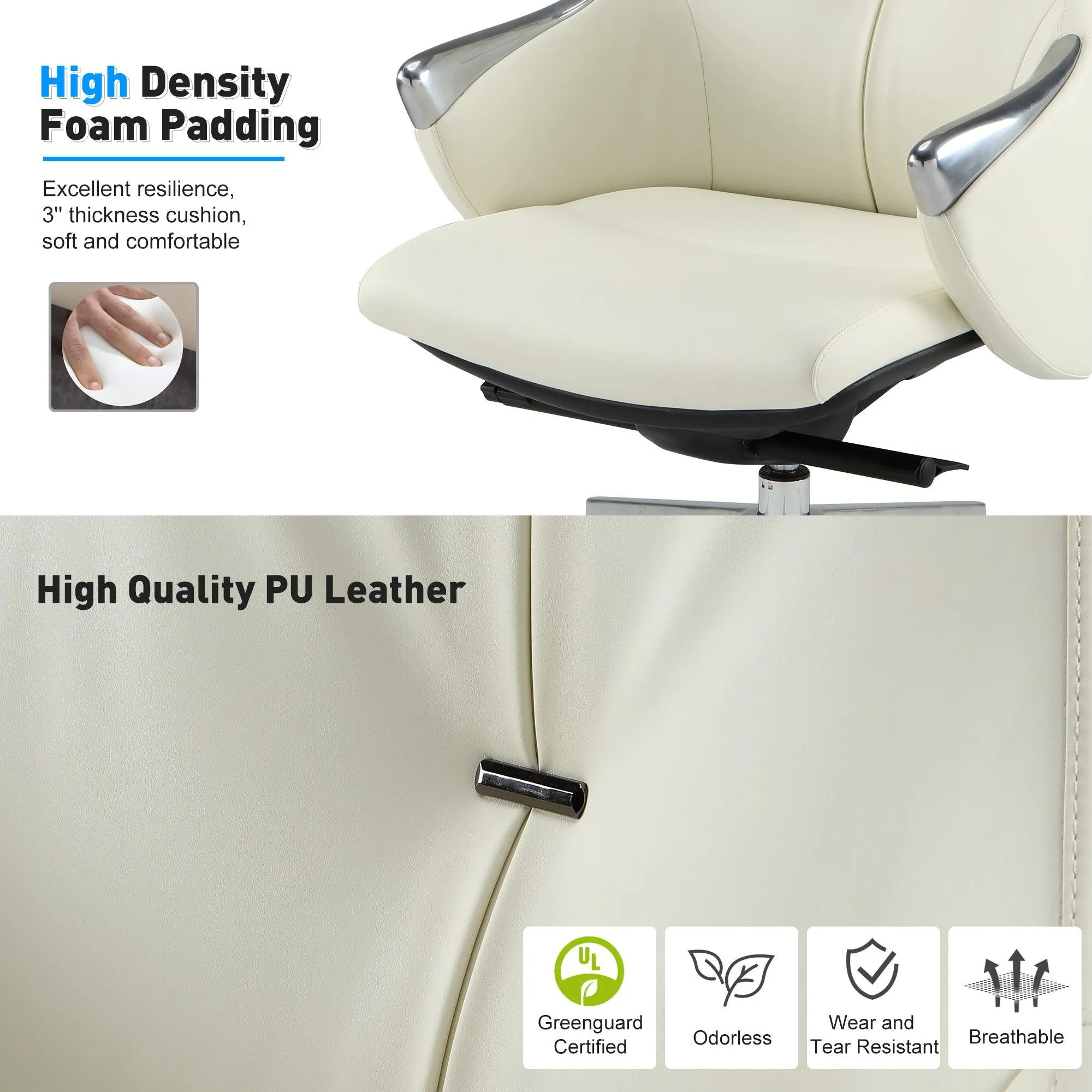 High Back Executive Chair, Ergonomic Leather Office Chair with Adjustable Height and Tilt Function and 360° Swivel Office Chair,White