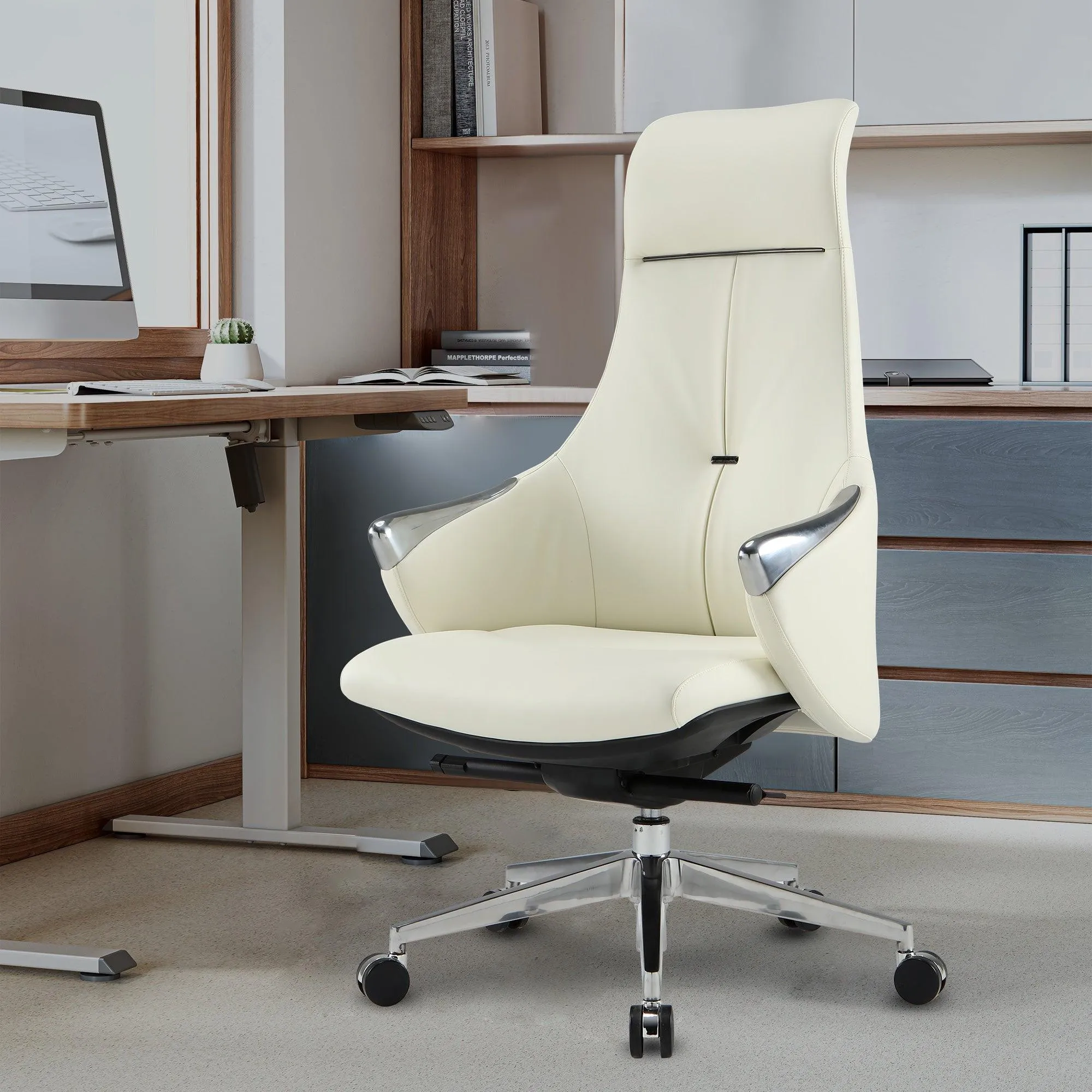 High Back Executive Chair, Ergonomic Leather Office Chair with Adjustable Height and Tilt Function and 360° Swivel Office Chair,White