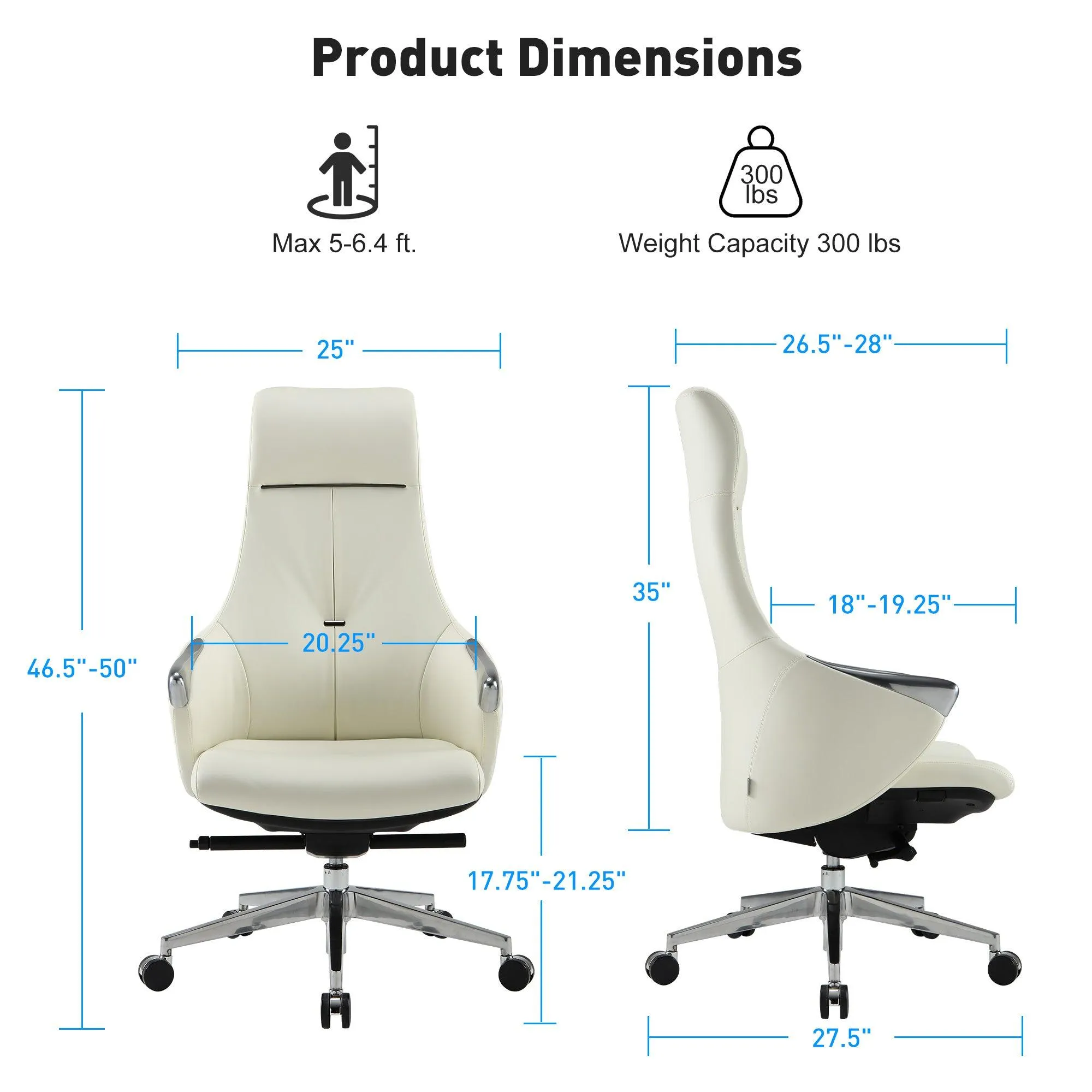 High Back Executive Chair, Ergonomic Leather Office Chair with Adjustable Height and Tilt Function and 360° Swivel Office Chair,White