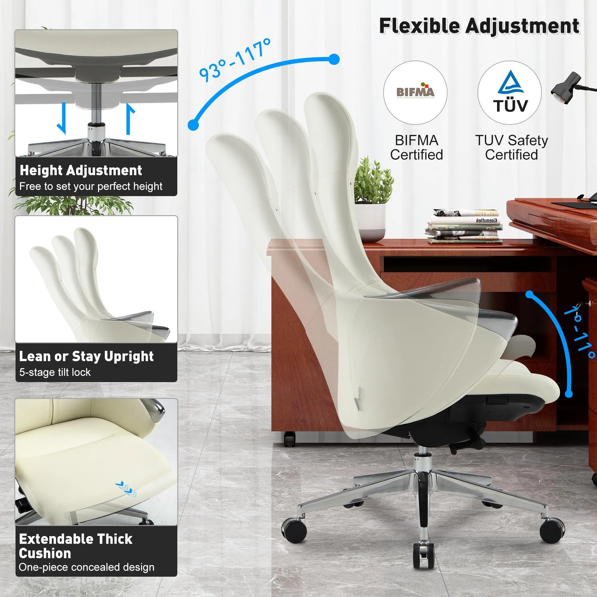 High Back Executive Chair, Ergonomic Leather Office Chair with Adjustable Height and Tilt Function and 360° Swivel Office Chair,White