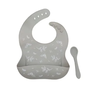 One.Chew.Three Silicone Catch Bib and Spoon Set - Silver Sage