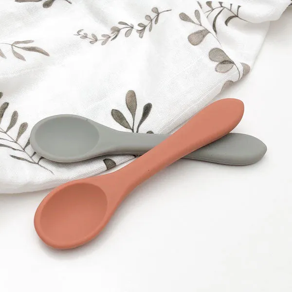 One.Chew.Three Silicone Catch Bib and Spoon Set - Silver Sage