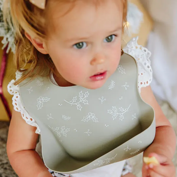 One.Chew.Three Silicone Catch Bib and Spoon Set - Silver Sage