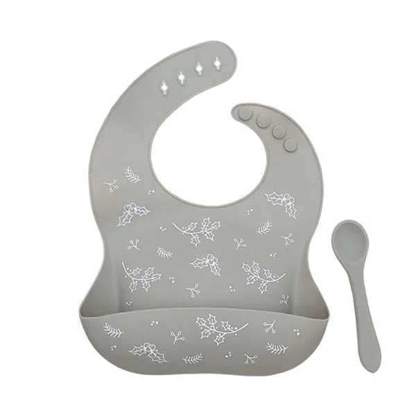 One.Chew.Three Silicone Catch Bib and Spoon Set - Silver Sage