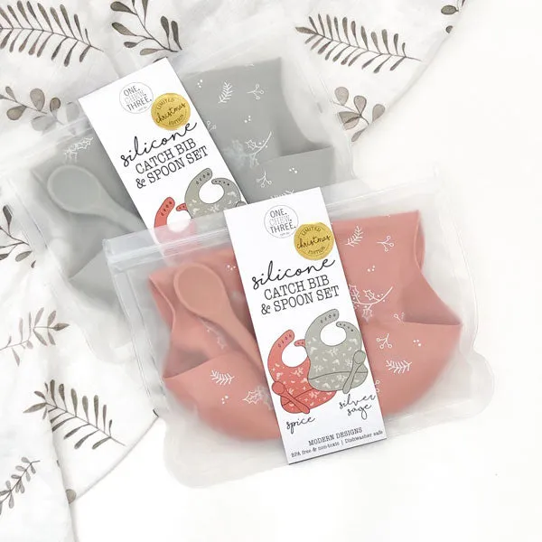 One.Chew.Three Silicone Catch Bib and Spoon Set - Silver Sage