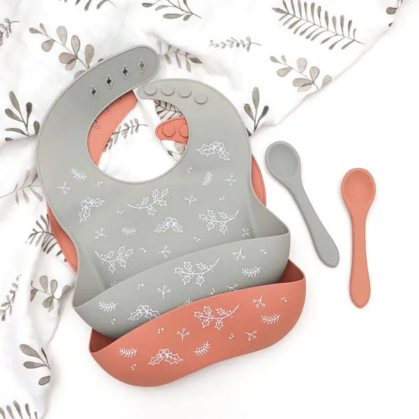 One.Chew.Three Silicone Catch Bib and Spoon Set - Silver Sage