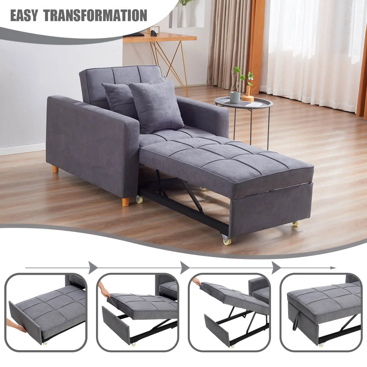 Sofa Bed 3-in-1 Convertible Chair Multi-Functional Adjustable Recliner, Sofa, Bed(Grey)