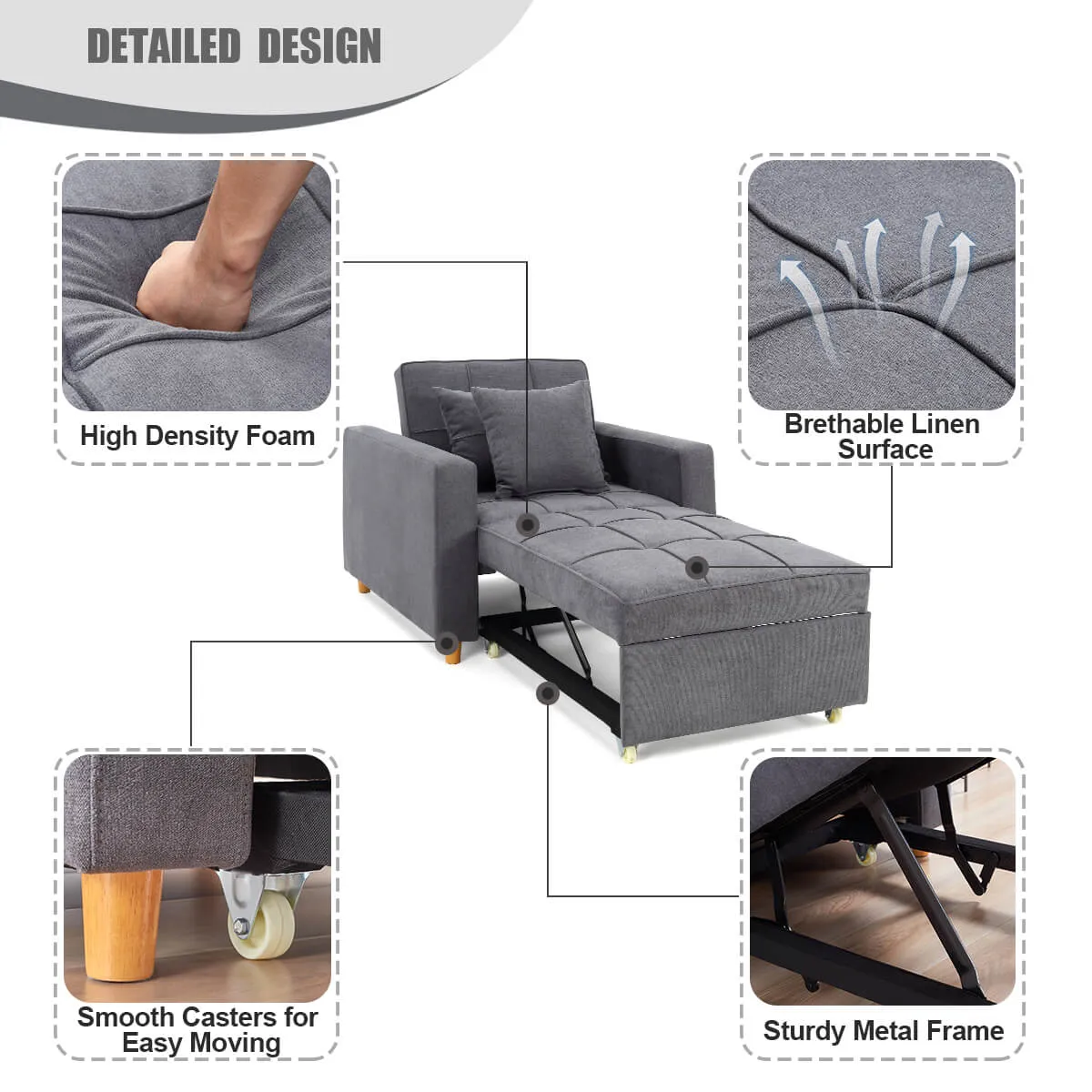 Sofa Bed 3-in-1 Convertible Chair Multi-Functional Adjustable Recliner, Sofa, Bed(Grey)