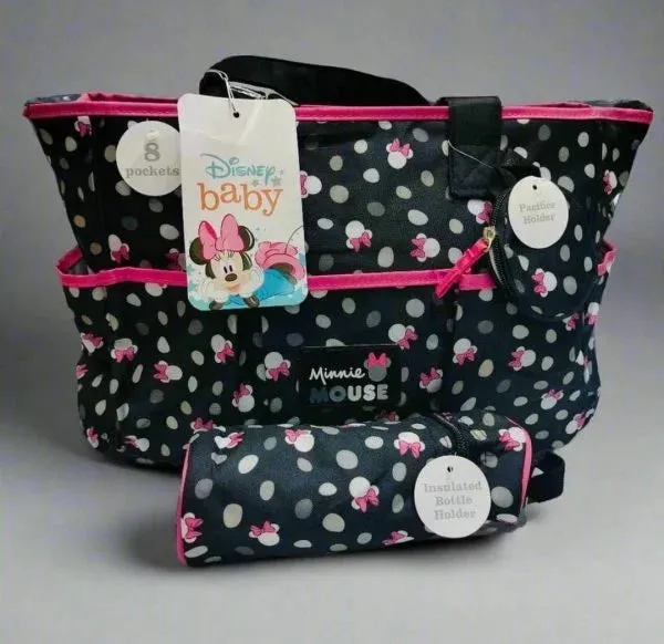 Stylish Disney Minnie Mouse Diaper Bag Set With Changing Pad & Bottle Holder